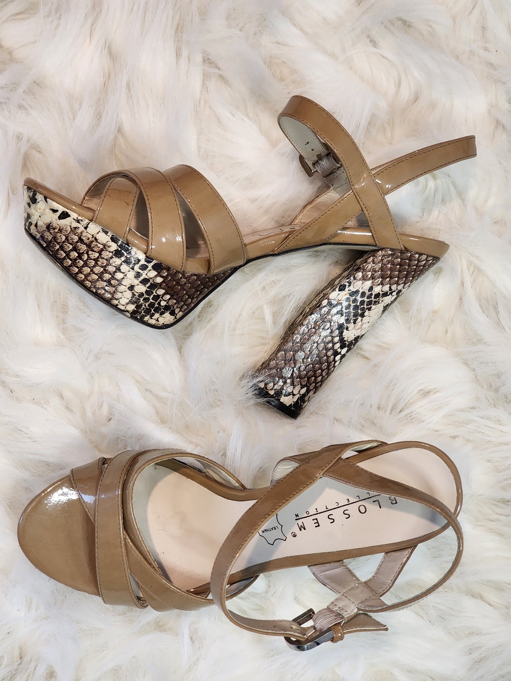 Blossom Collection Tan Leather Snakeskin Print Ankle Strap Heels  Size  7.5